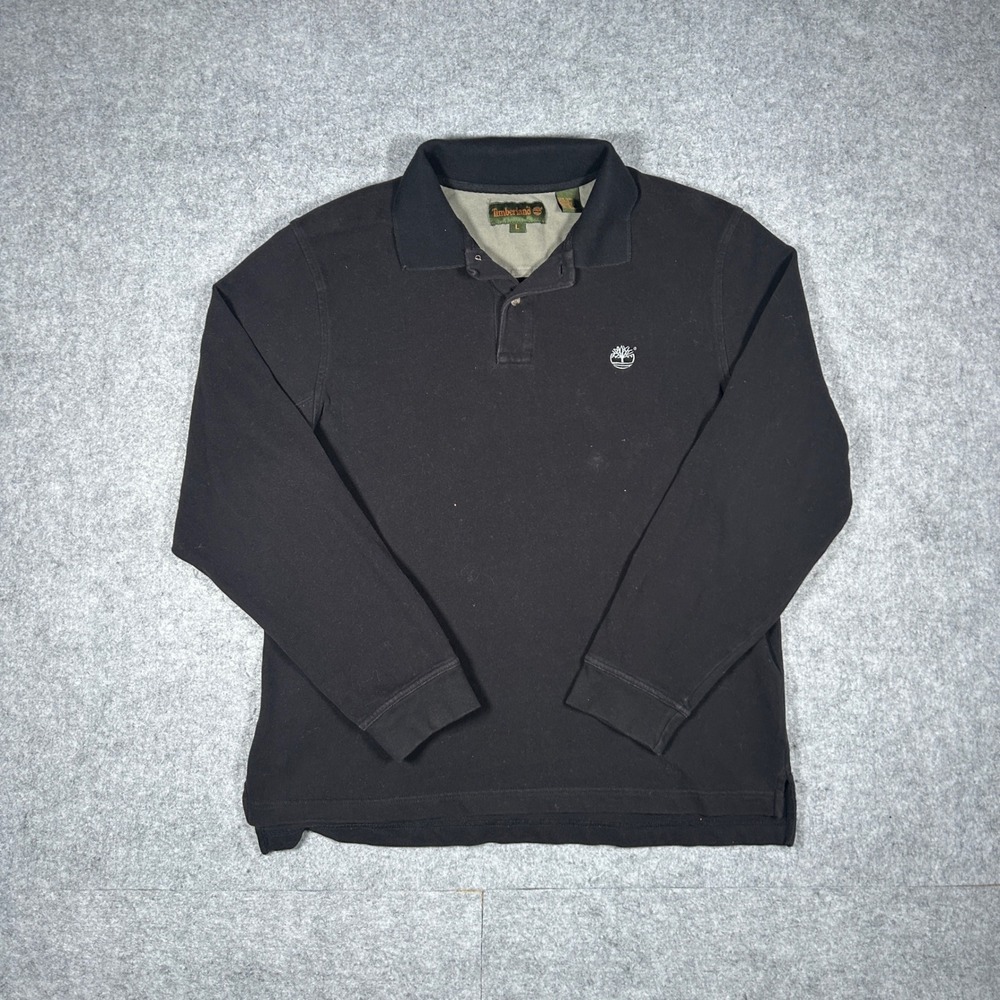 Timberland Polo Shirt Mens Large Black Long Sleeve Cotton Logo Casual Gorpcore
